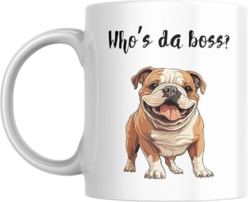 Fun Bulldog Mug for Coffee Lovers, 11 oz, Featuring "Who's da Boss?" Design, Gift for boss, Father's Day, Birthday.